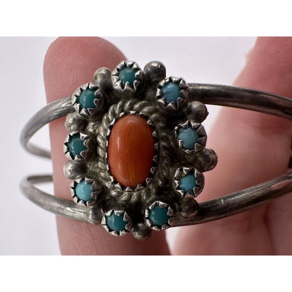 Vintage Navajo Turquoise Coral Cluster Sterling Silver 925 Bracelet Cuff 6-1/4" - Picture 2 of 10